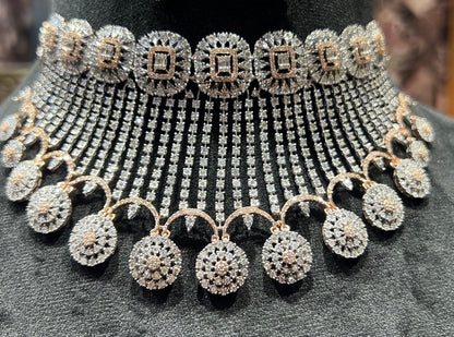 Gold Diamond Necklace Chokar Set with Earrings for Wedding