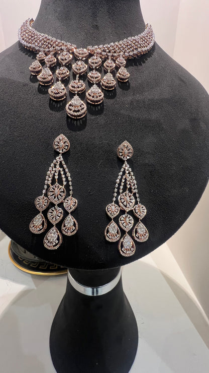 Luxurious Bridal Jewelry Set: Diamond Necklace & Earrings in Solid Gold