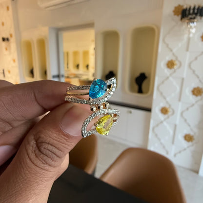 Handmade Yellow And Sky Stone Diamond & 14Kt Gold Ring for Women