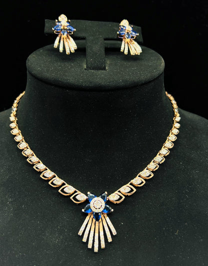 Wedding Gold Necklace & Earrings with Round-cut Diamonds