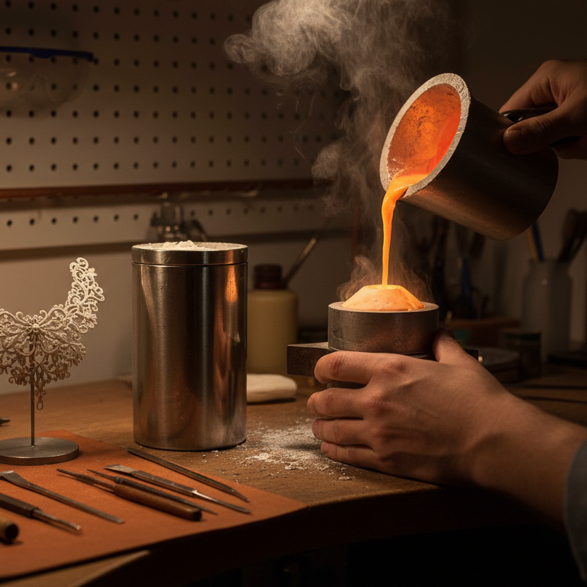 Person pouring molten metal into a mold with tools and a workshop in the background