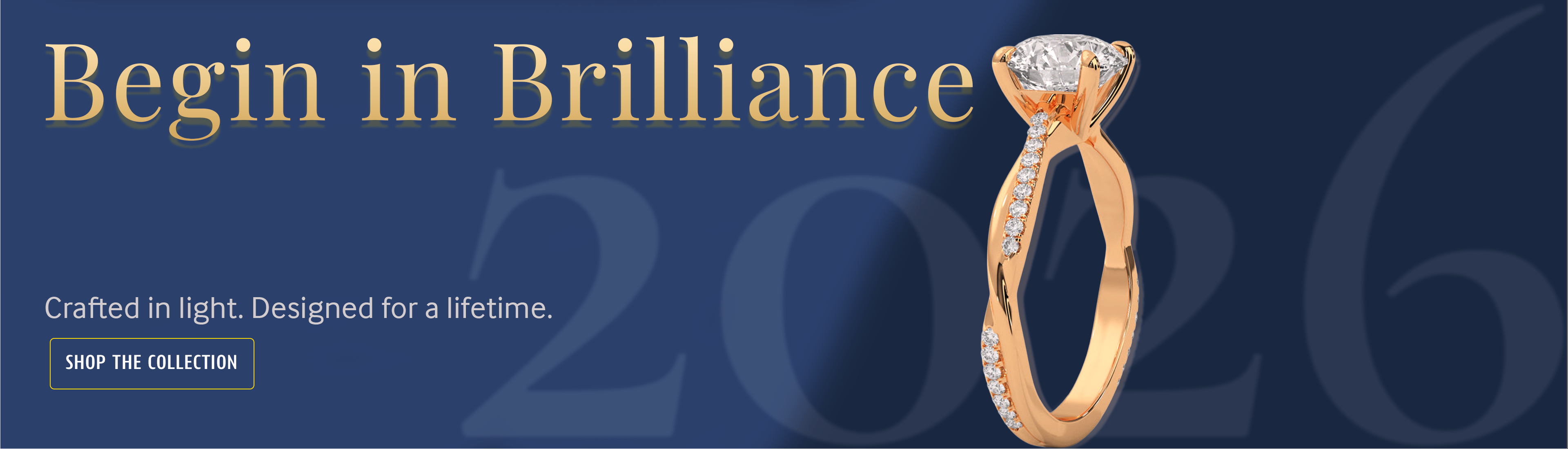 Gold ring with diamonds on a blue background with text 'Begin in Brilliance'.