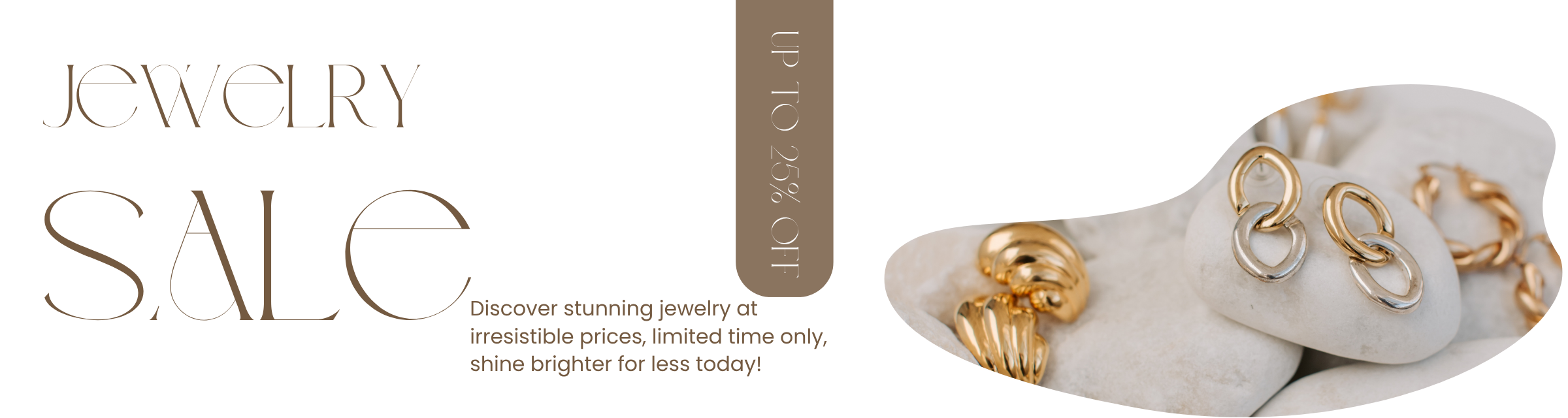 Jewelry sale advertisement with gold and silver rings on a white surface.
