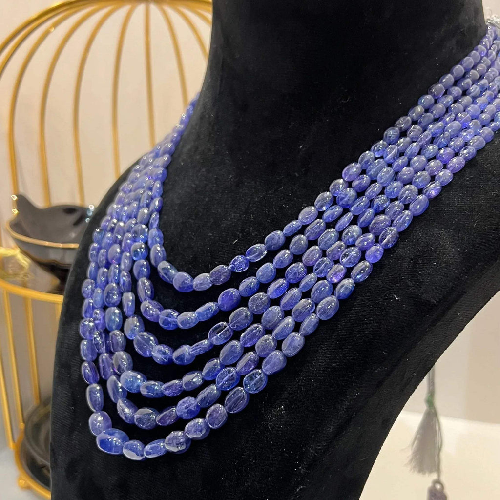 Multi strand 6 layer tanzanite beaded necklace made with natural oval polished violet blue tanzanite beads, layered statement jewelry for women