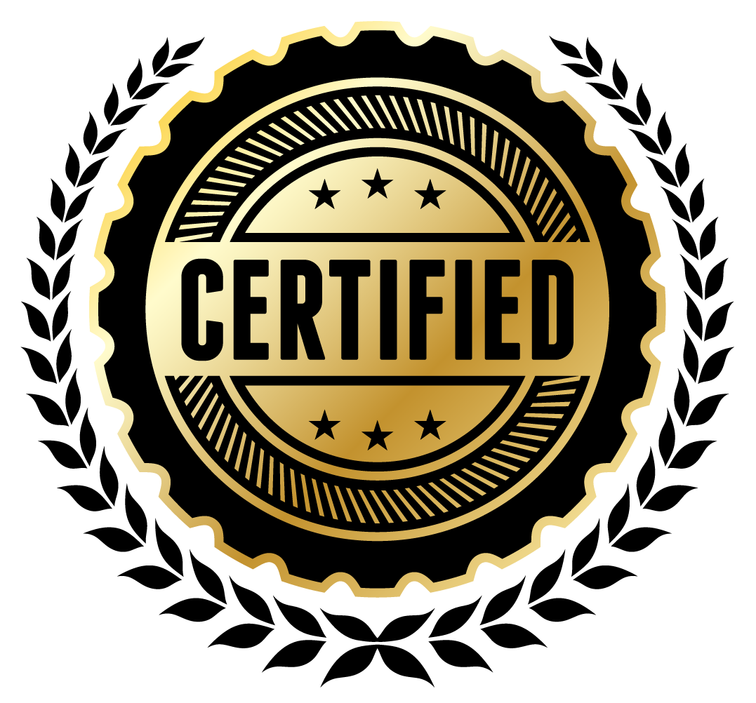 Certified badge with laurel wreath on a white background