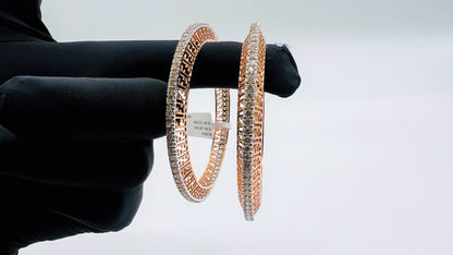 Elegant rose gold diamond bangle set with designer cutwork and round-cut diamonds, perfect for gifting and special occasions.