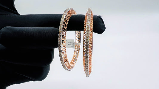 Elegant rose gold diamond bangle set with designer cutwork and round-cut diamonds, perfect for gifting and special occasions.