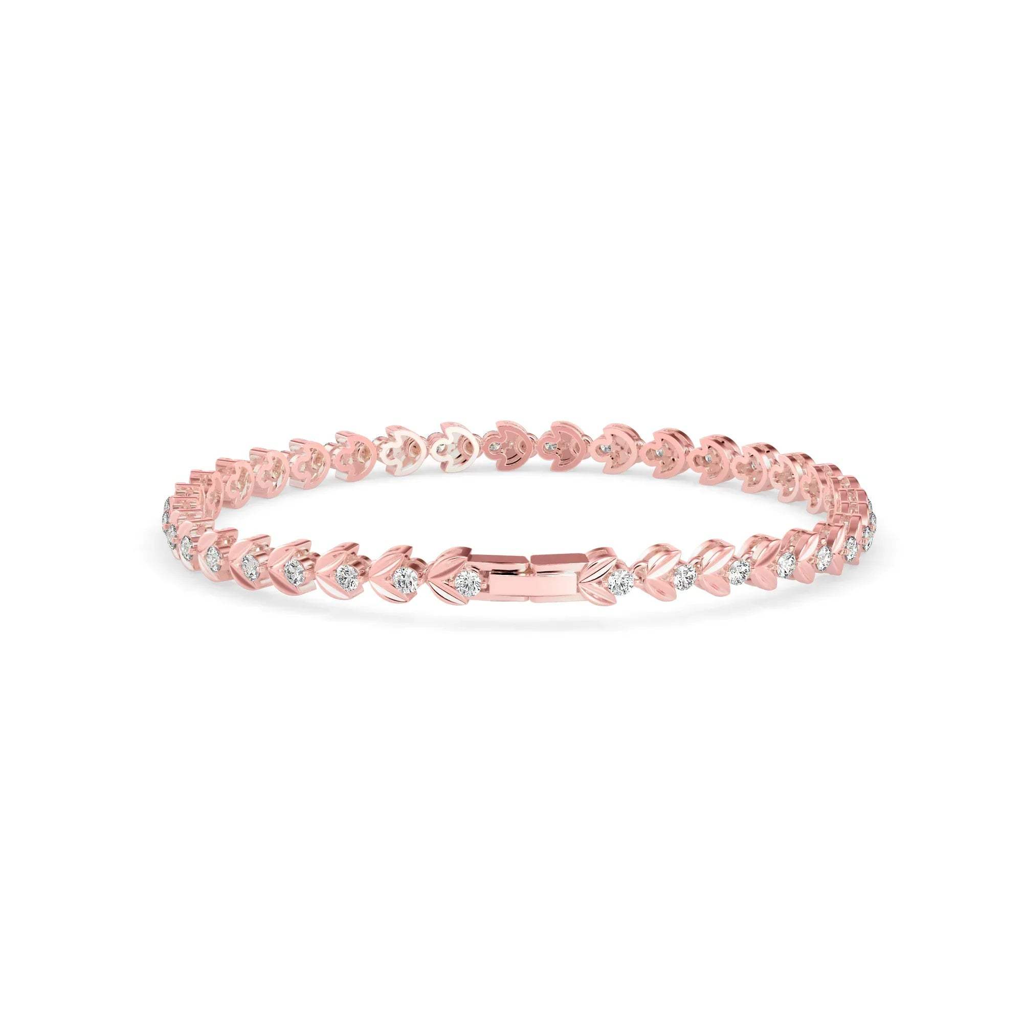 Rose gold bracelet with small diamonds on a white background