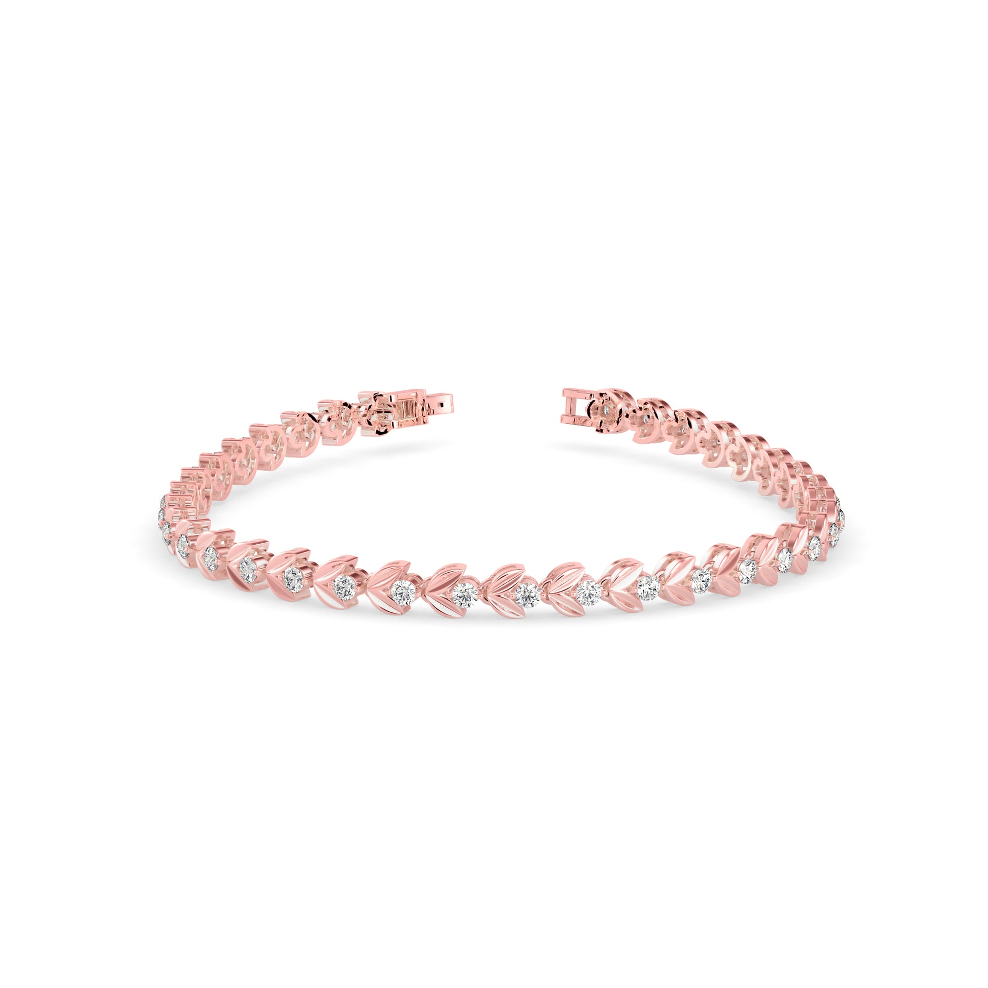 Rose gold bracelet with small diamonds on a white background
