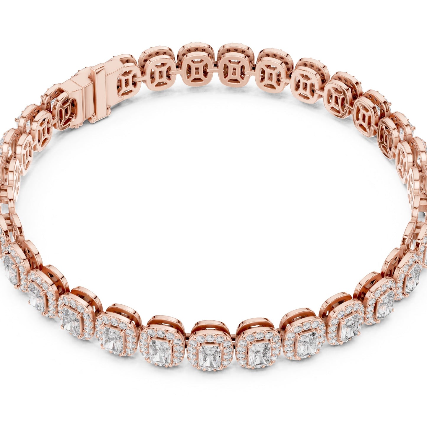 Rose gold bracelet with real diamonds on a white background.