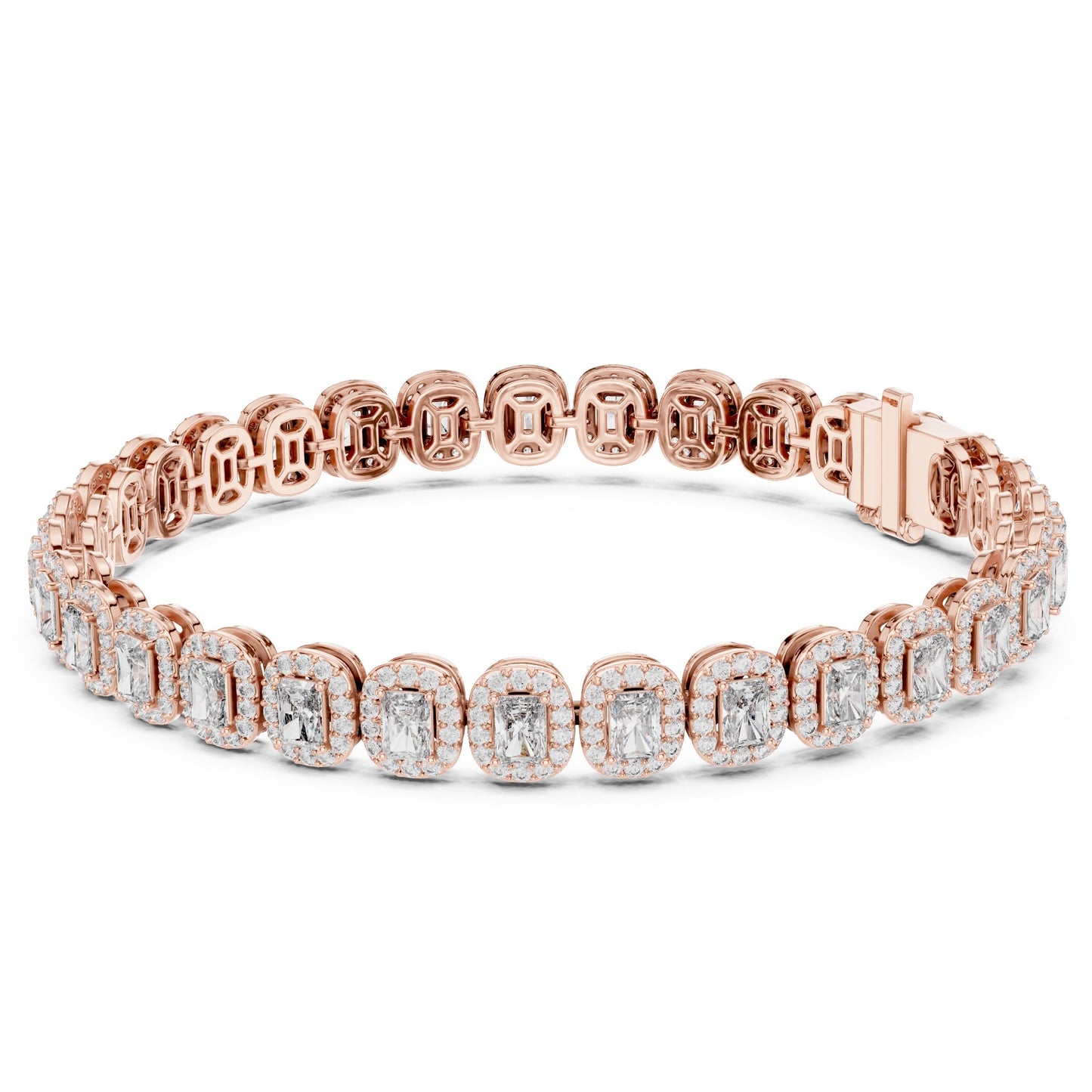 Rose gold bracelet with real diamonds on a white background.