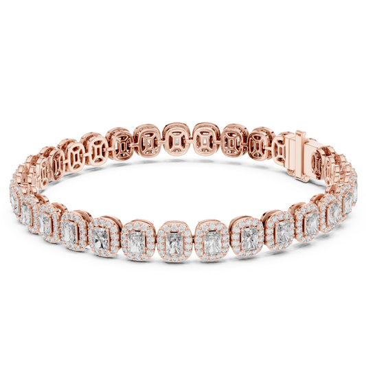Rose gold bracelet with real diamonds on a white background.