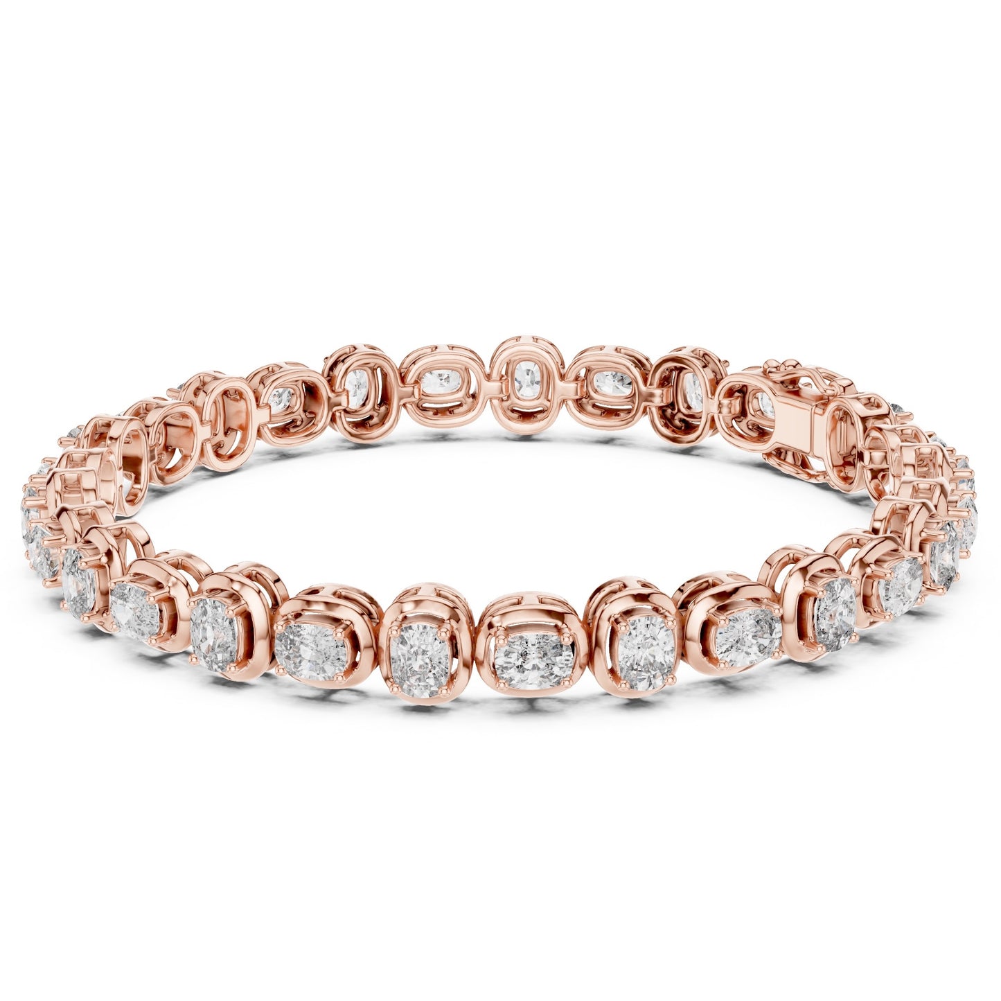 Rose gold tennis bracelet with real diamonds on a white background