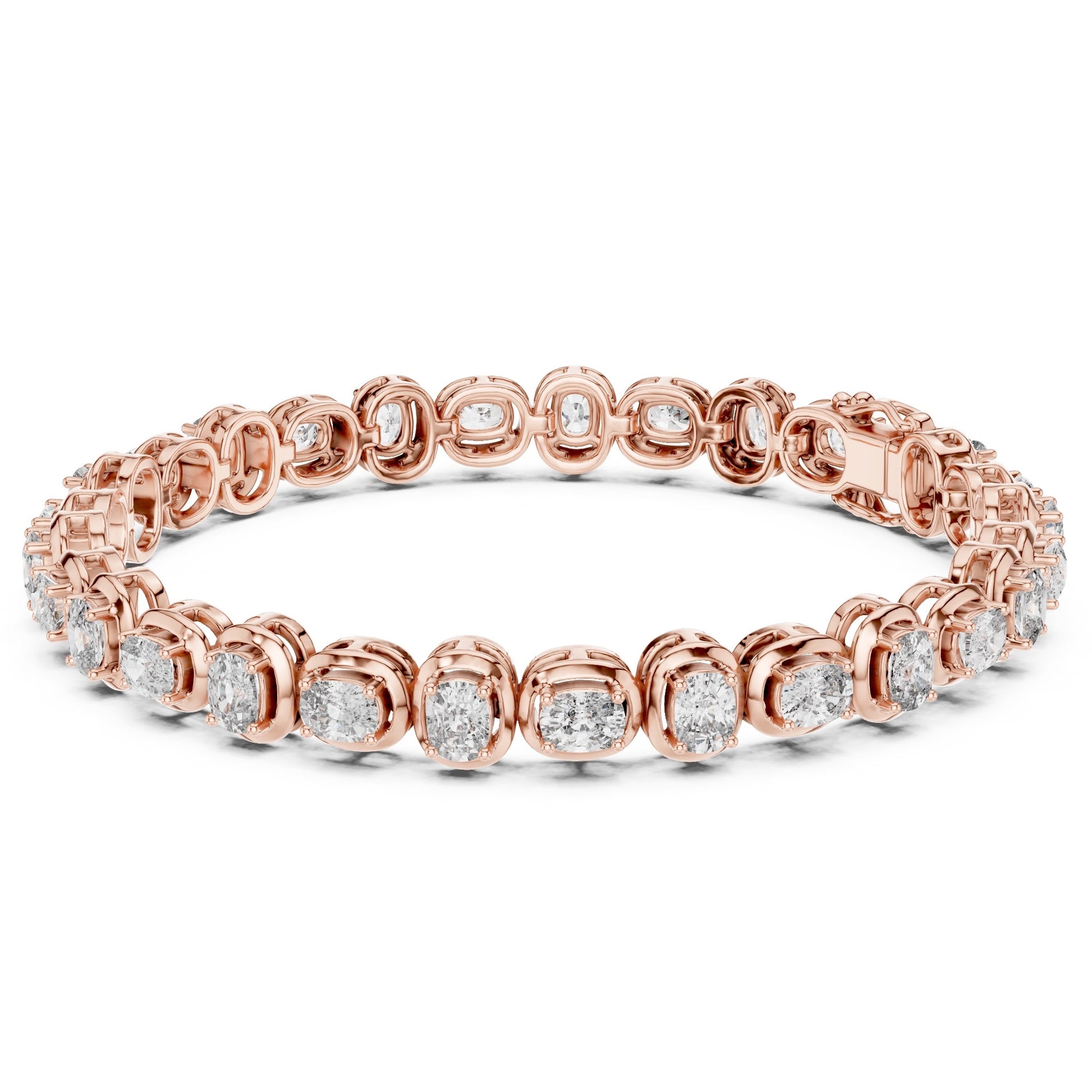 Rose gold tennis bracelet with real diamonds on a white background