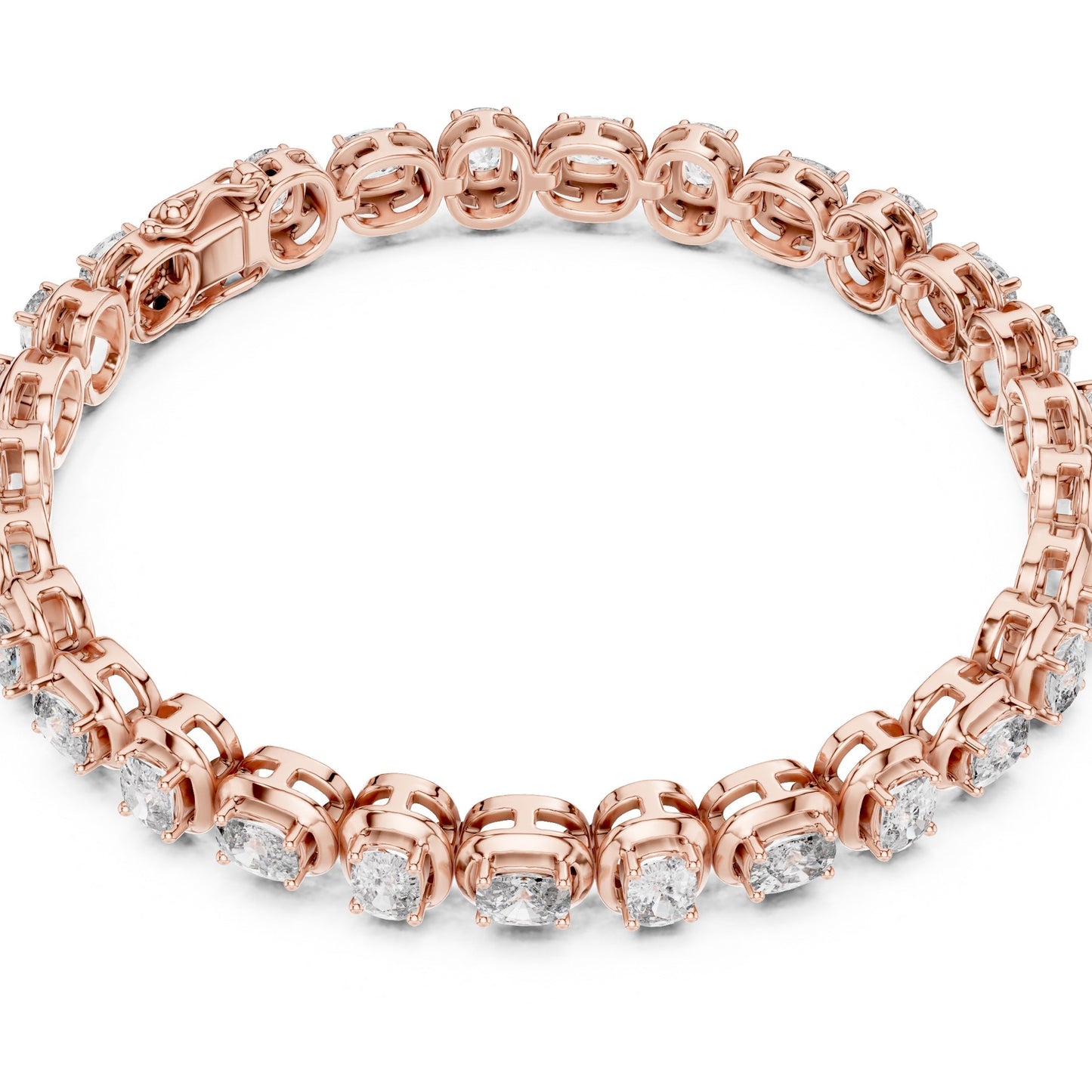 Rose gold tennis bracelet with real diamonds on a white background