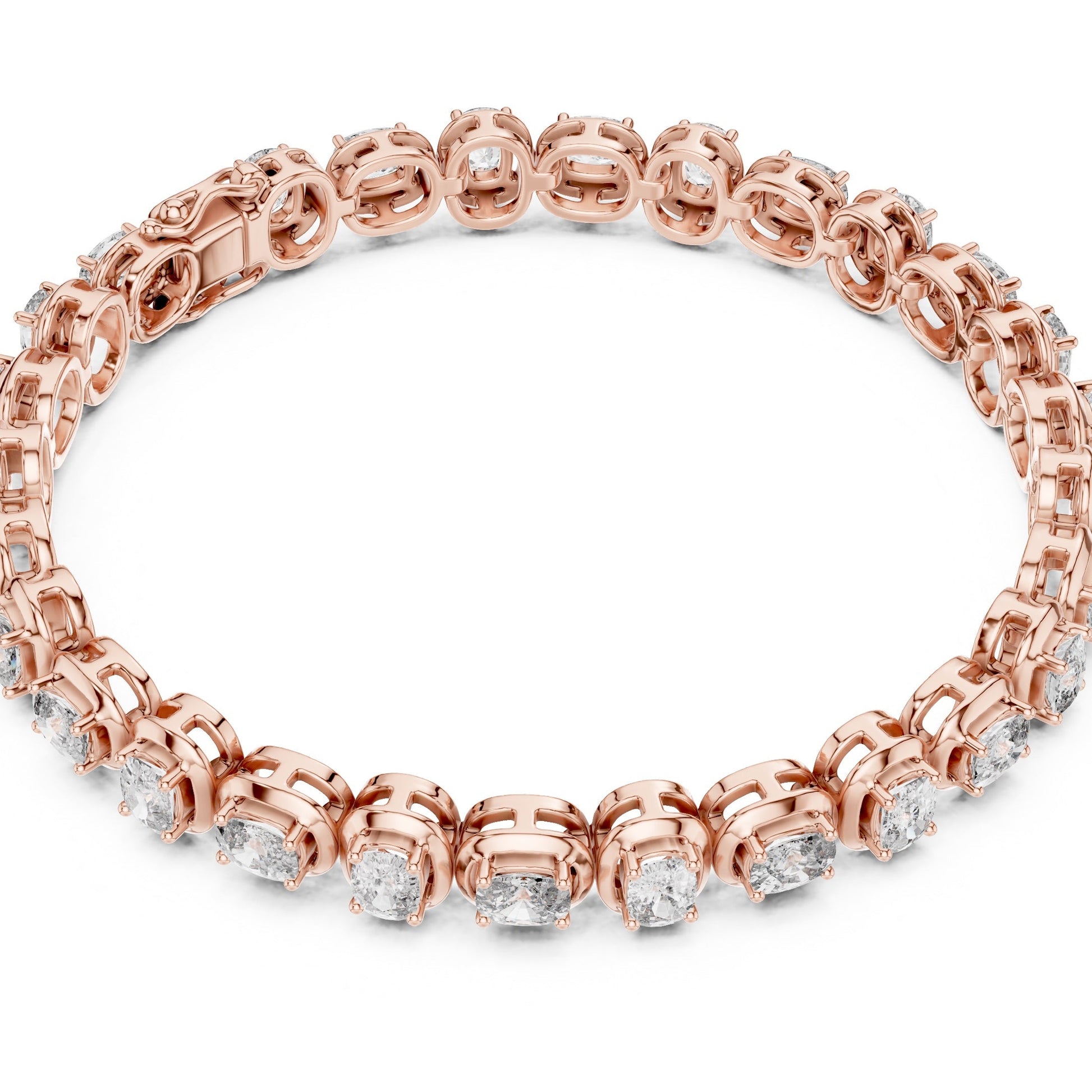 Rose gold tennis bracelet with real diamonds on a white background