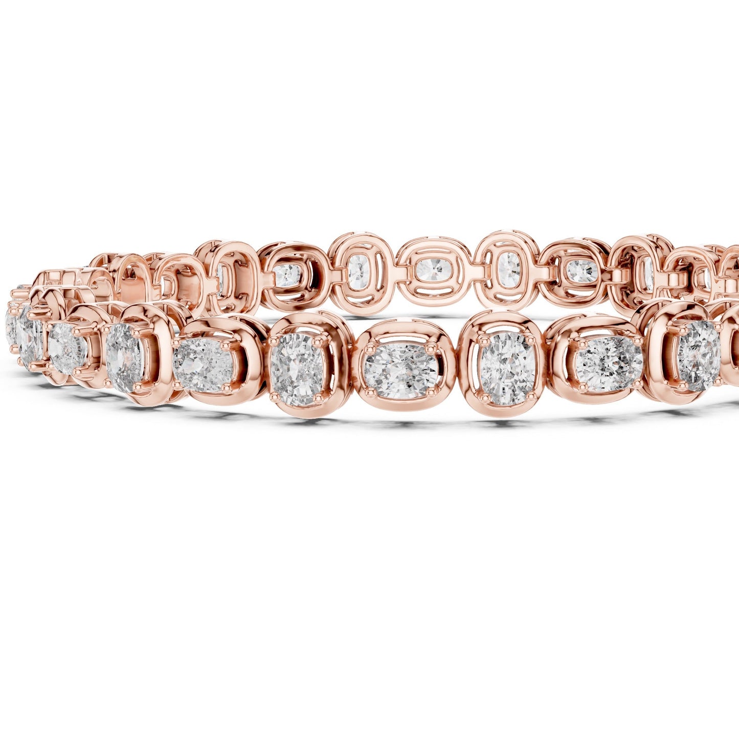 Rose gold tennis bracelet with real diamond accents on a white background