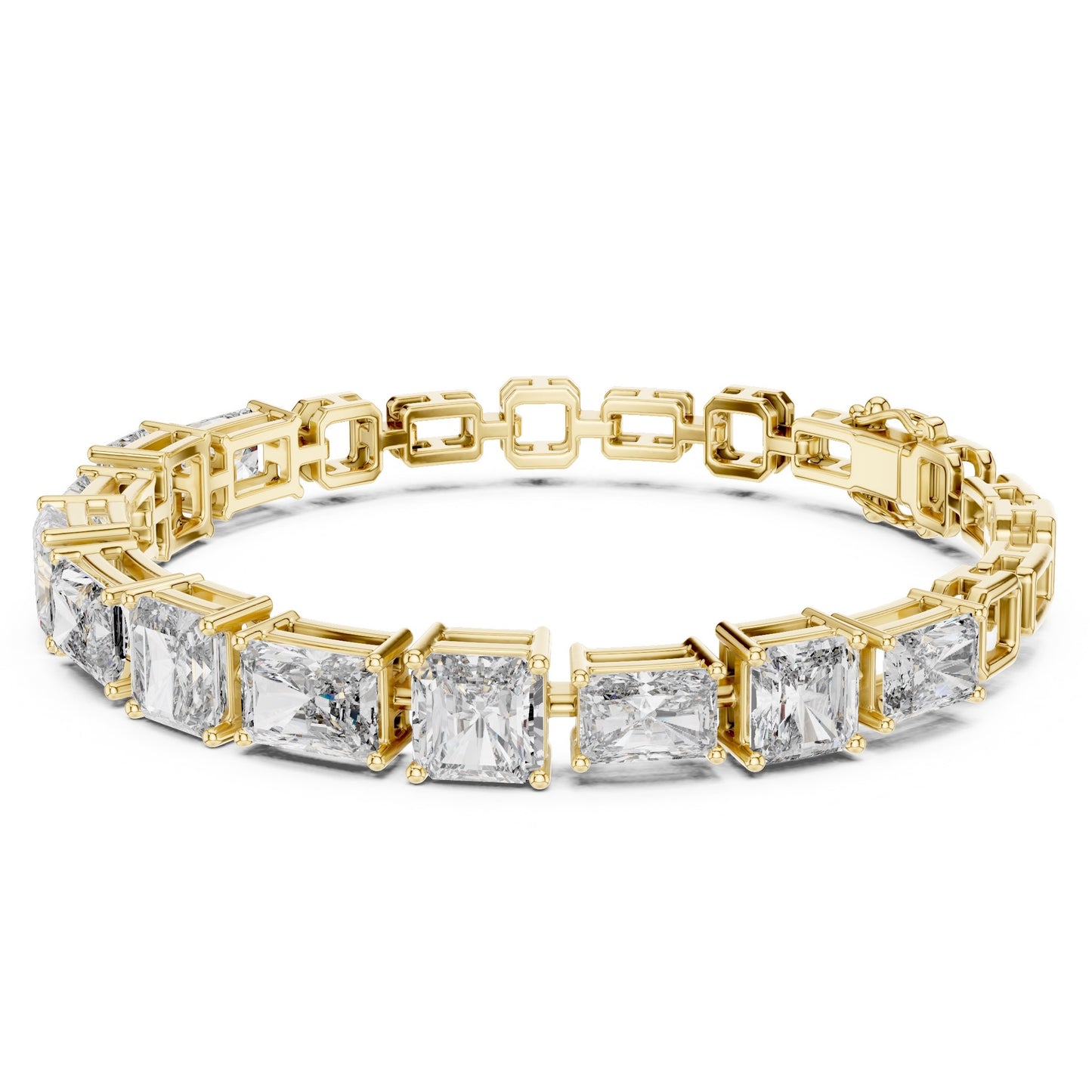 Yellow gold bracelet with rectangular and square-cut real diamonds on a white background