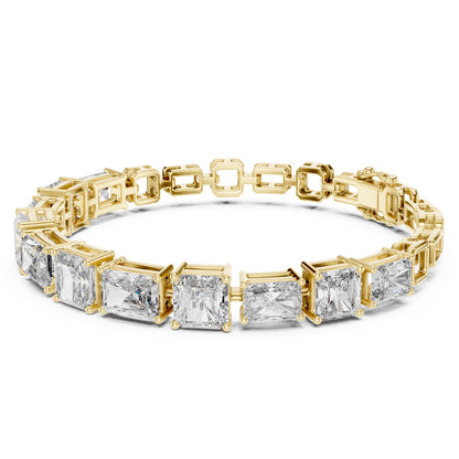 Yellow gold bracelet with rectangular and square-cut real diamonds on a white background