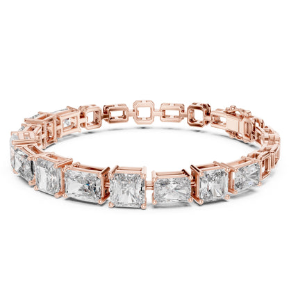 Rose gold bracelet with clear real radiant and emerald shape diamonds on a white background