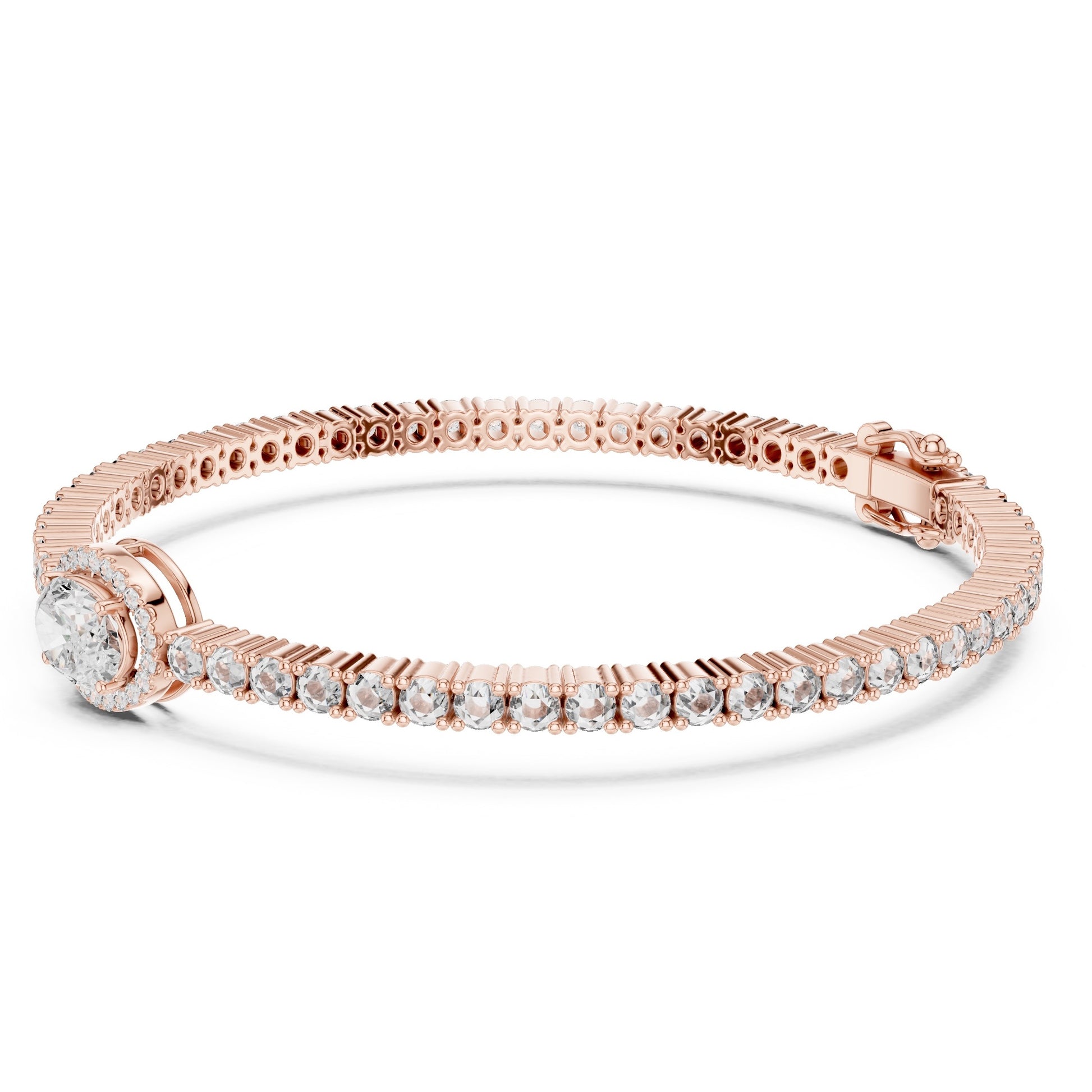 Rose gold bracelet with real diamonds on a white background