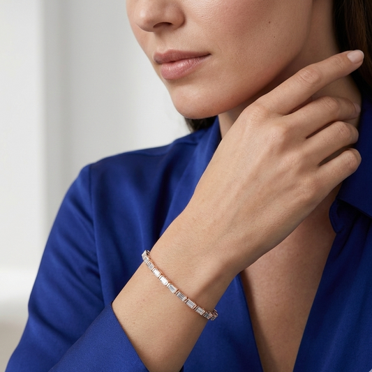 Woman wearing a real diamonds bracelet on a blurred background