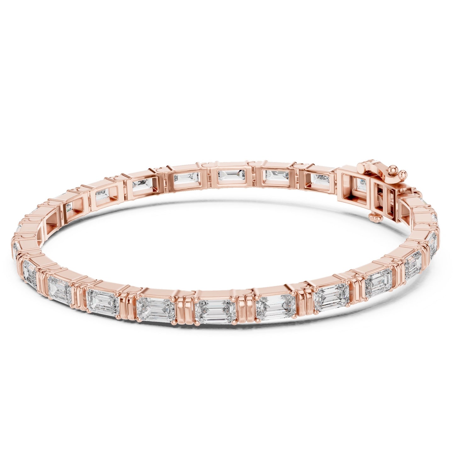 Rose gold bracelet with emerald cut real diamonds on a white background