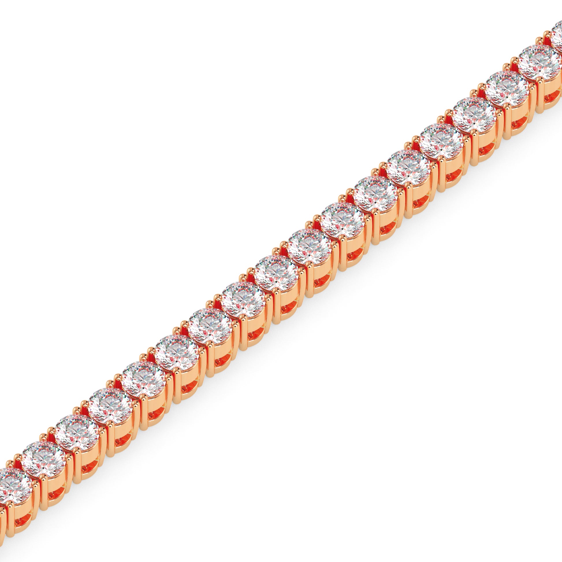 Rose gold bracelet with clear diamonds on a white background
