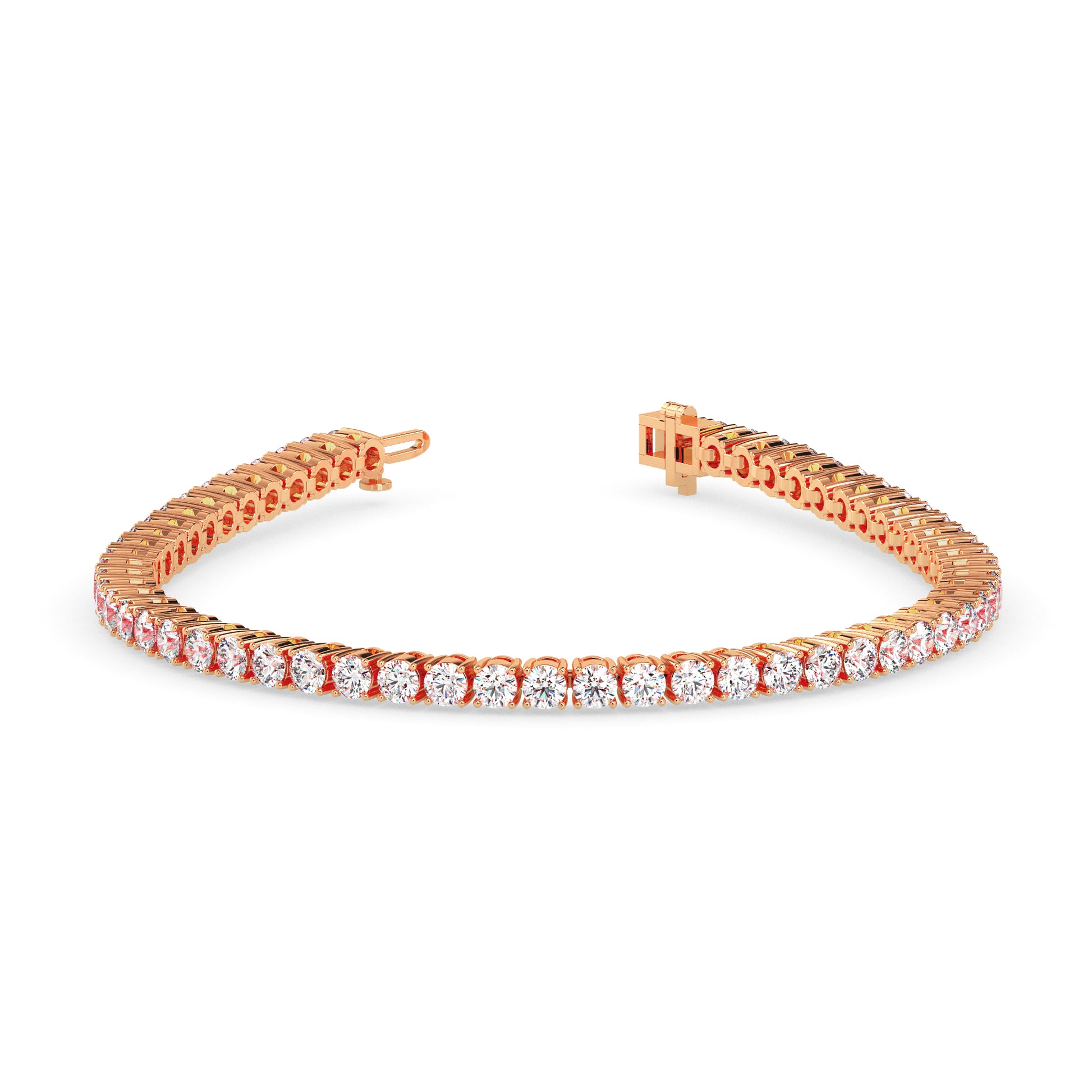 Rose gold bracelet with clear stones on a white background