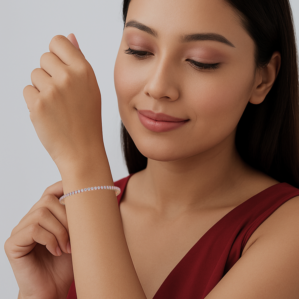 Woman wearing a bracelet, looking at her wrist against a neutral background