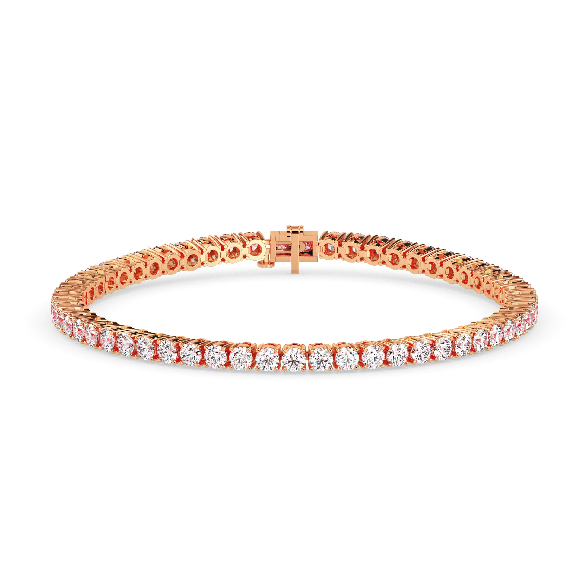 Rose gold bracelet with clear stones on a white background