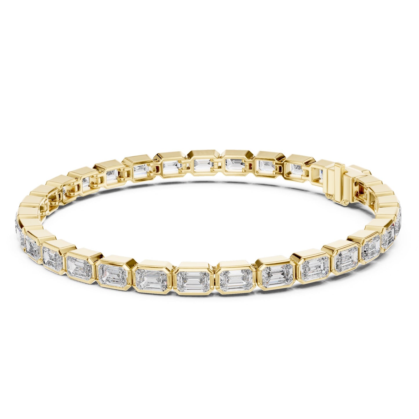 Yellow gold bracelet with emerald cut real diamond accents on a white background