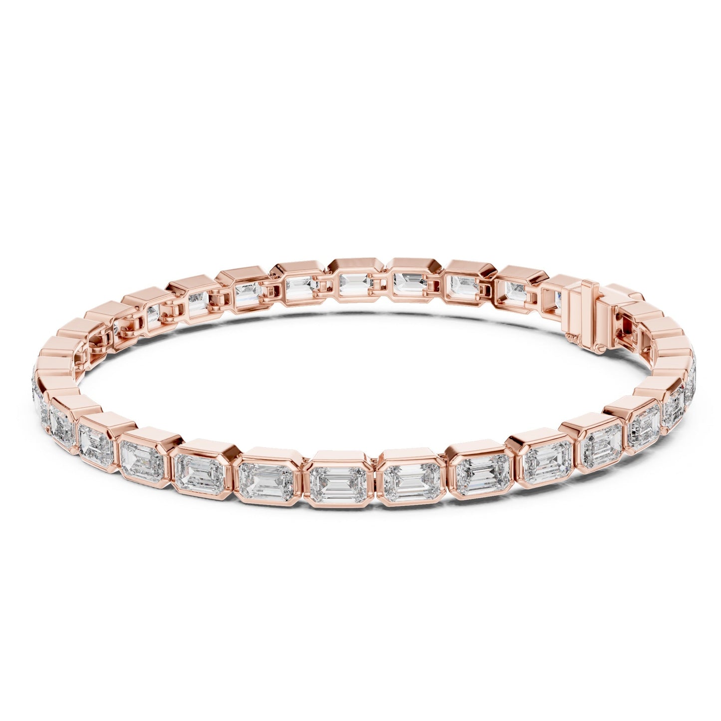 Rose gold bracelet with emerald cut real diamond accents on a white background