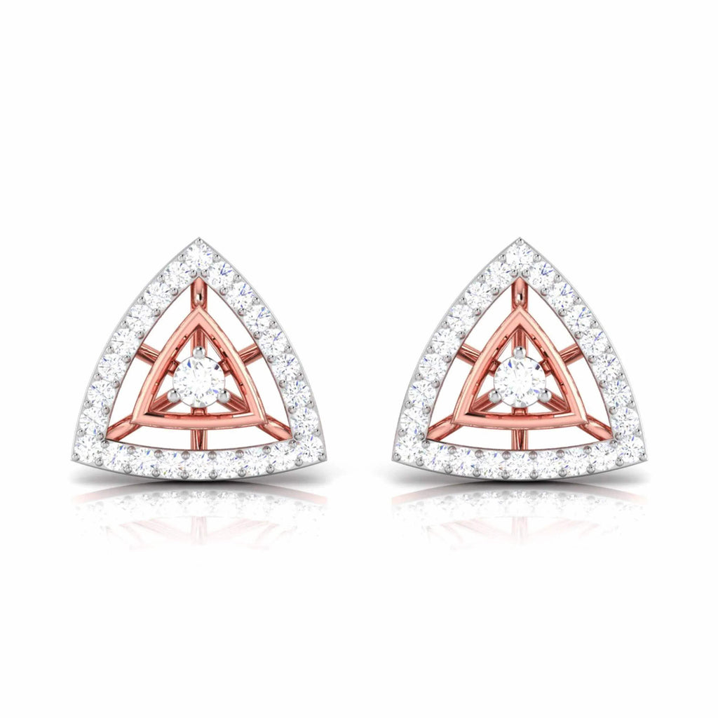 Pair of triangle-shaped stud earrings with rose gold and clear diamonds on a white background