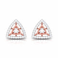 Pair of triangle-shaped stud earrings with rose gold and clear diamonds on a white background