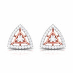 Pair of triangle-shaped stud earrings with rose gold and clear diamonds on a white background