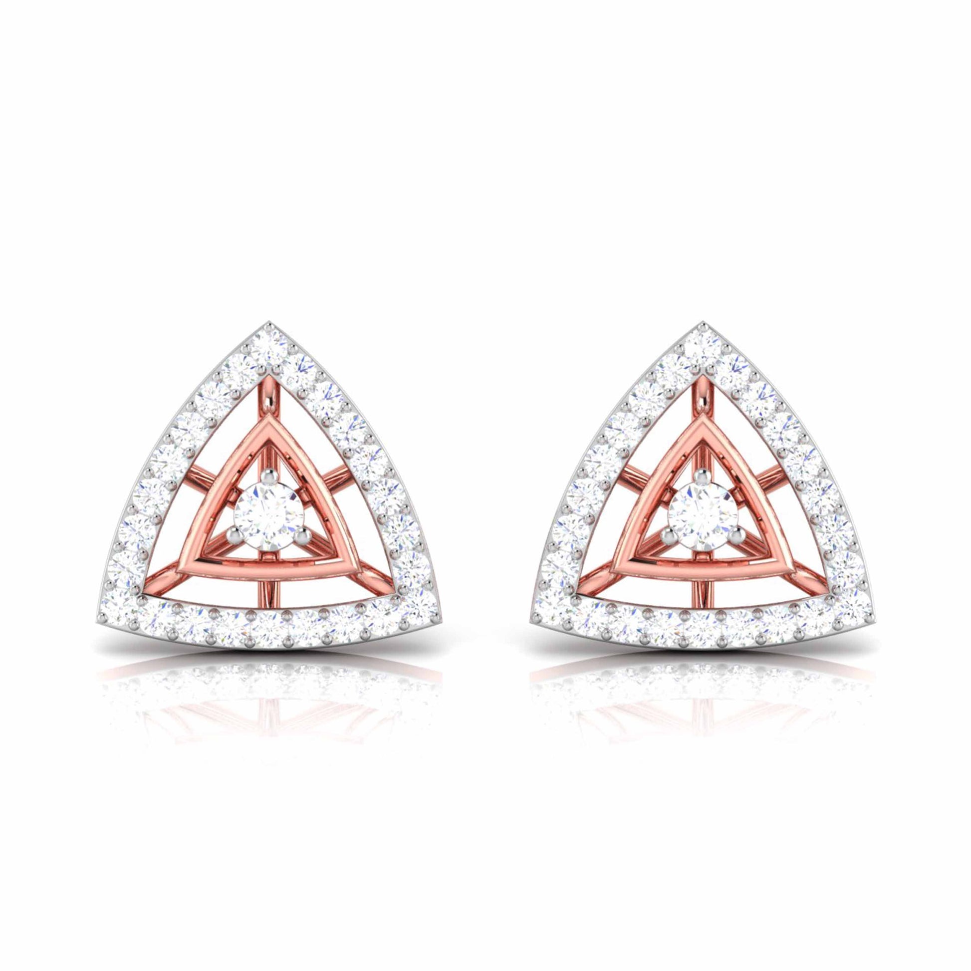 Pair of triangle-shaped stud earrings with rose gold and clear diamonds on a white background