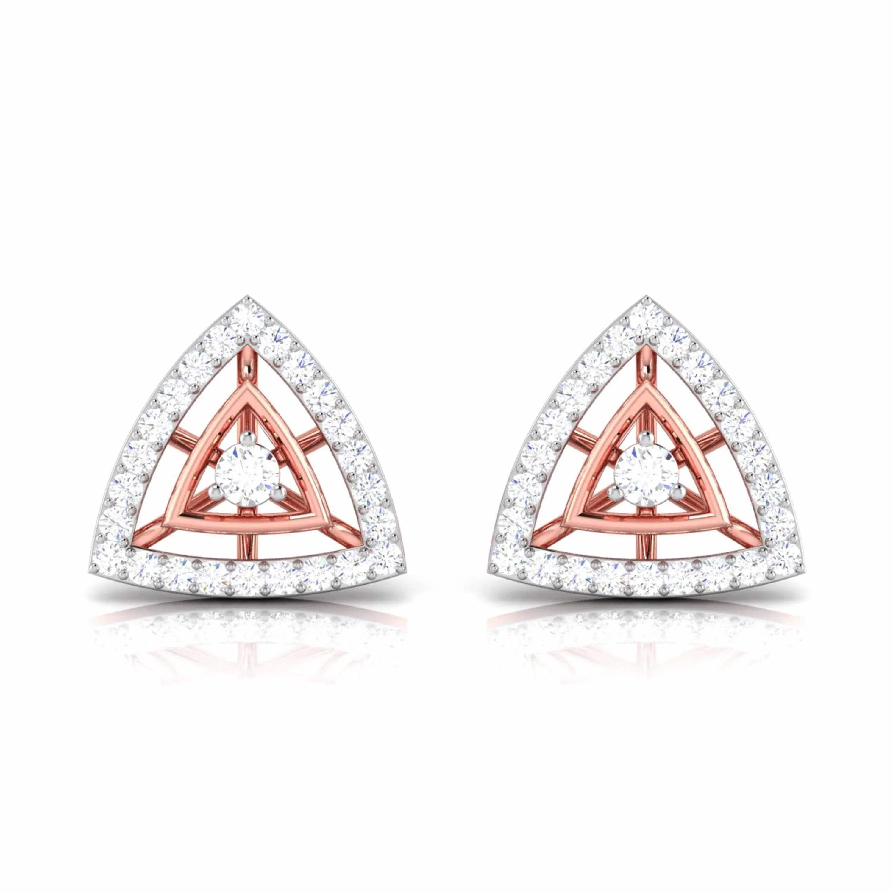 Pair of triangle-shaped stud earrings with rose gold and clear diamonds on a white background
