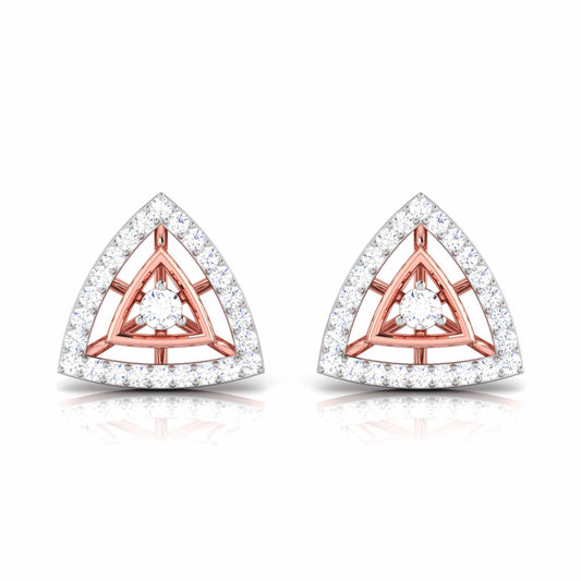 Pair of triangle-shaped stud earrings with rose gold and clear diamonds on a white background