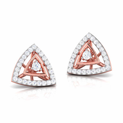 Triangular shaped earrings with gold and diamond accents on a white background