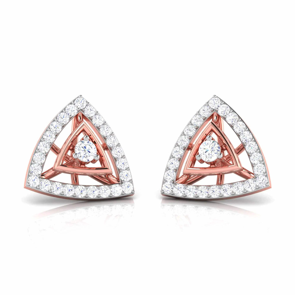 Triangular shaped earrings with gold and clear gemstones on a white background