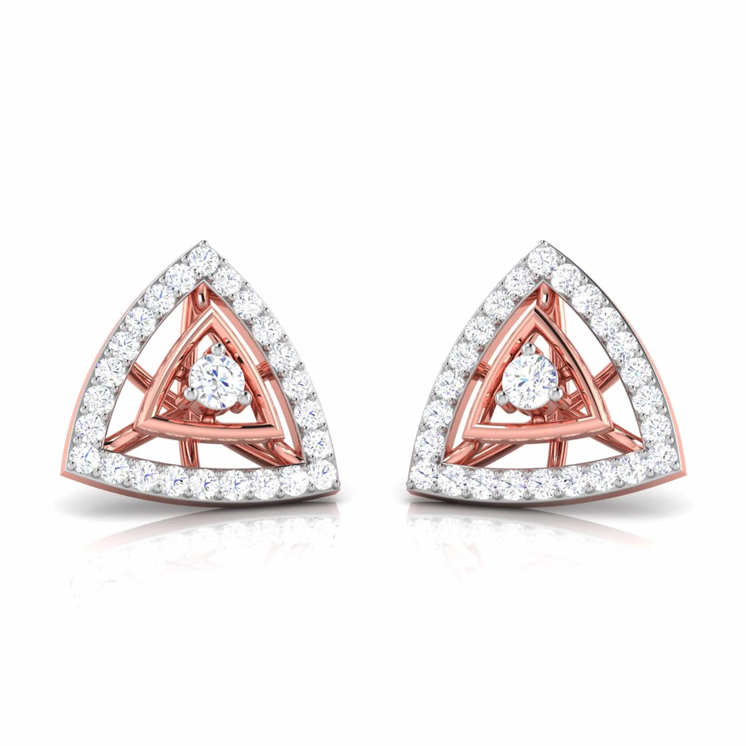 Triangular shaped earrings with gold and clear gemstones on a white background