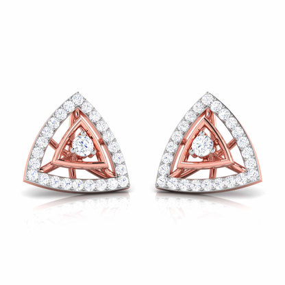 Triangular shaped earrings with gold and clear gemstones on a white background
