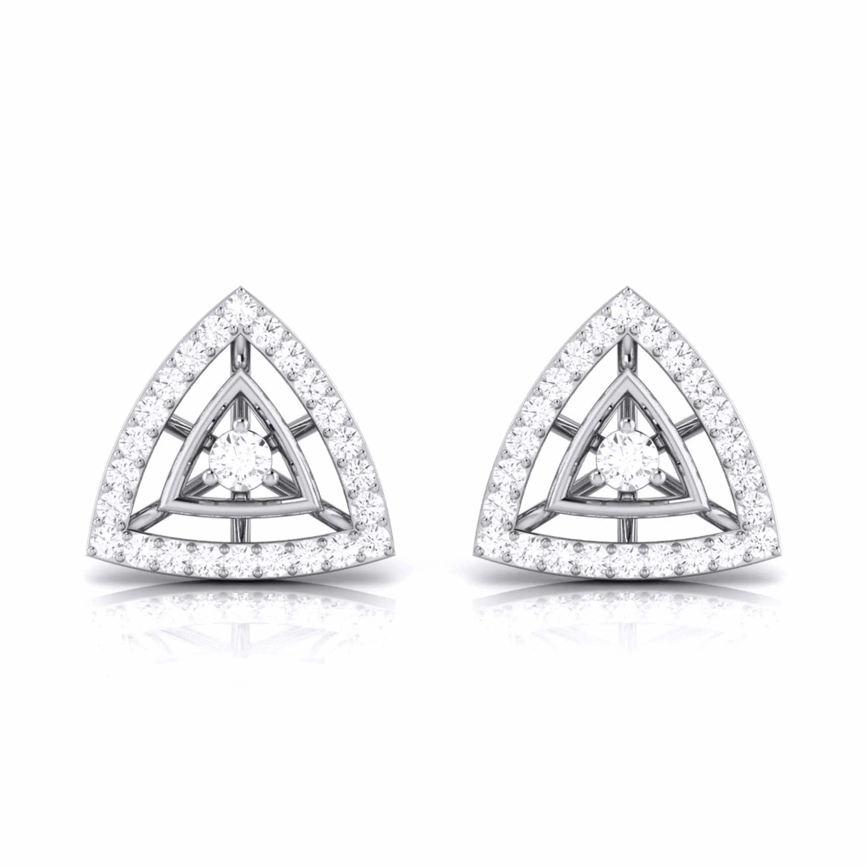 Triangular shaped diamond stud earrings on a white background
