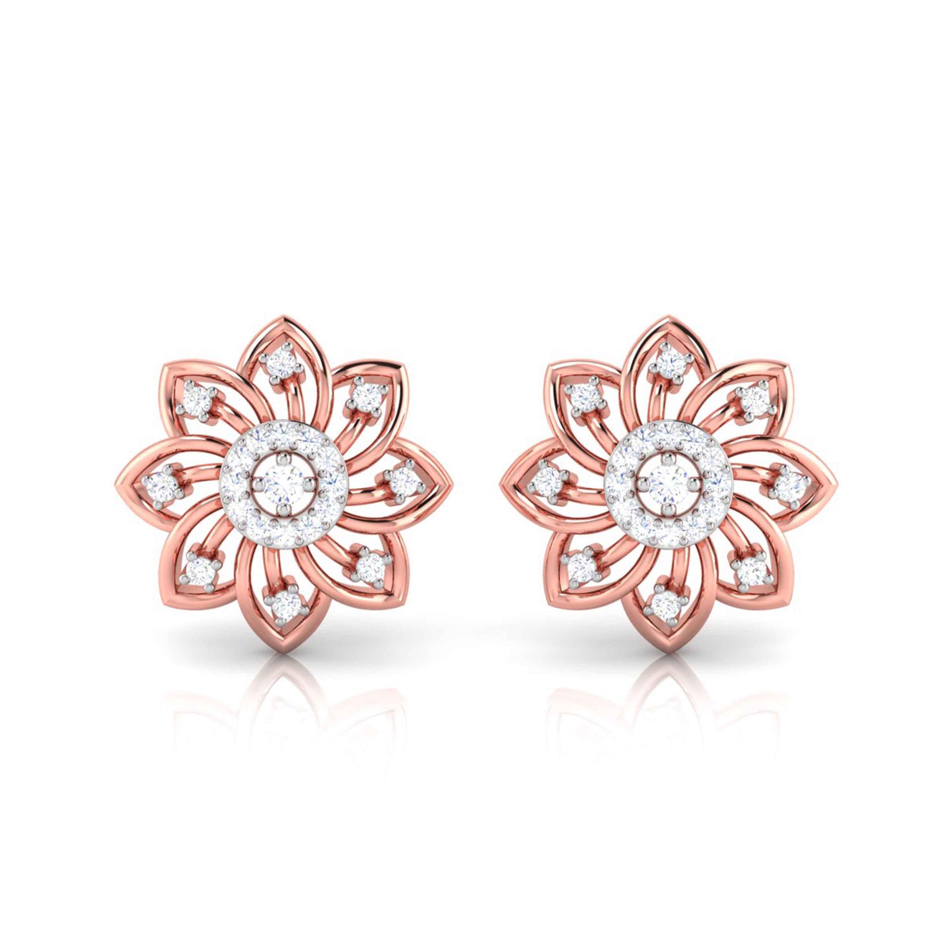 gold flower-shaped earrings with diamond accents on a white background