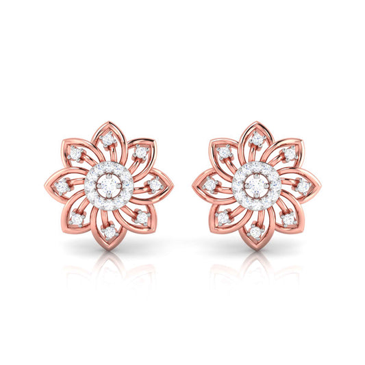 gold flower-shaped earrings with diamond accents on a white background