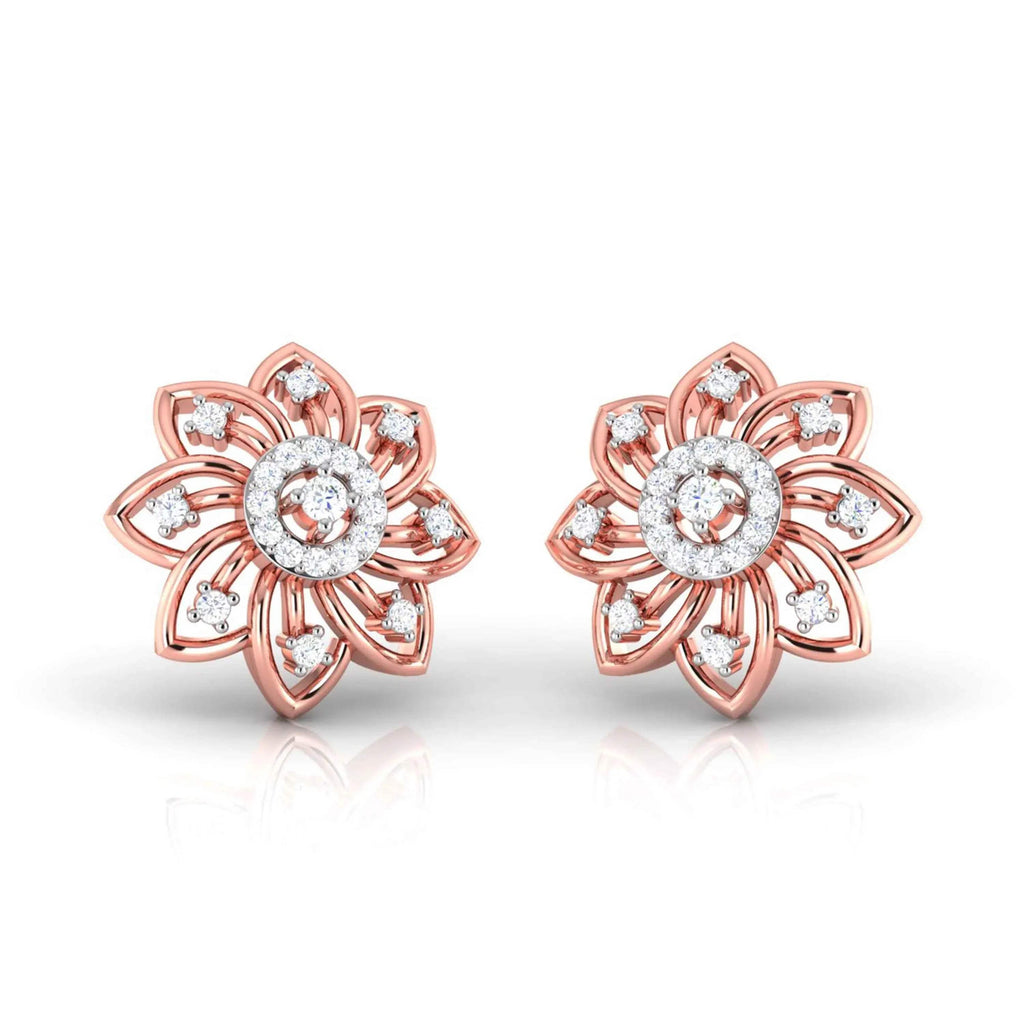 gold flower-shaped earrings with diamond accents on a white background