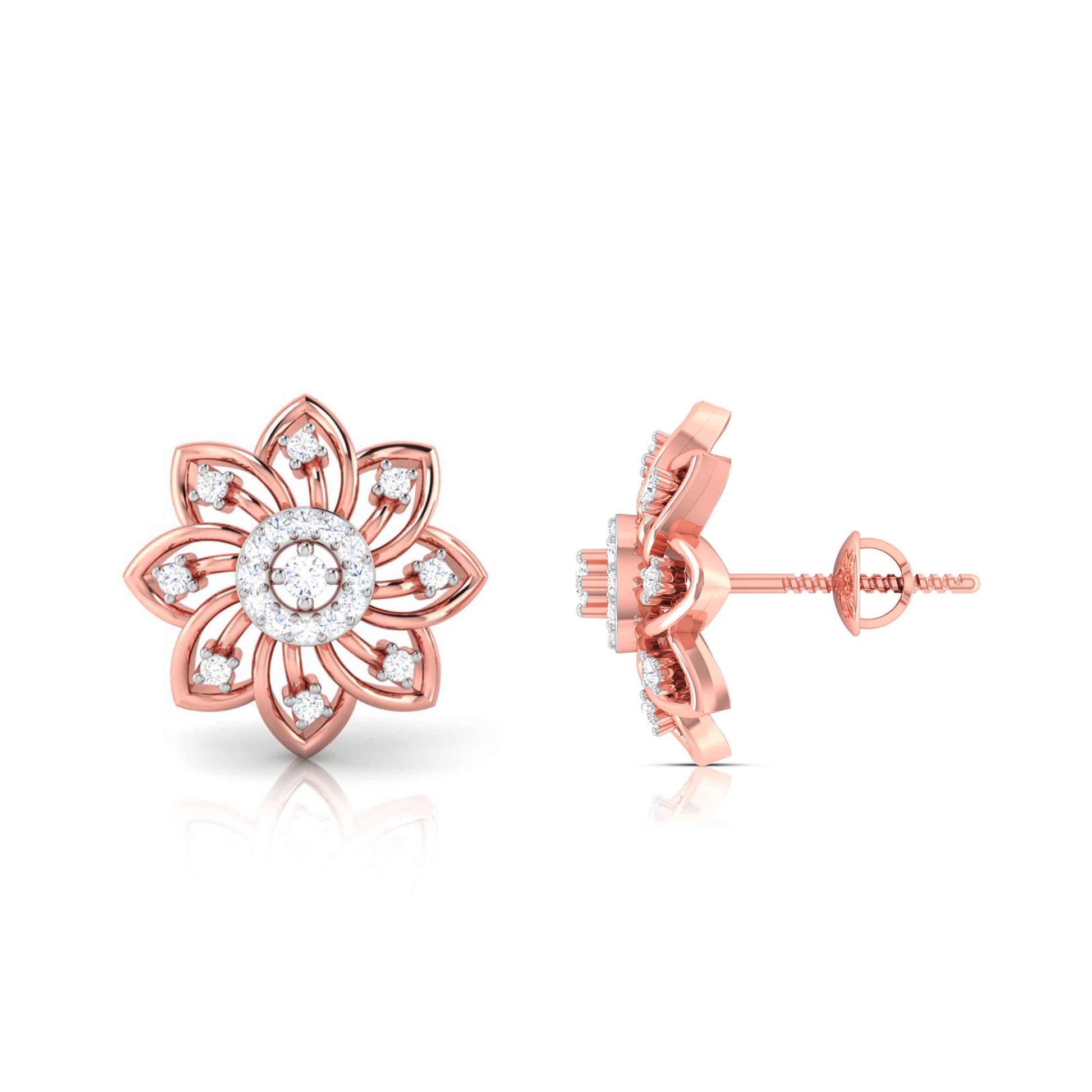 gold flower-shaped earrings with clear gemstones on a white background