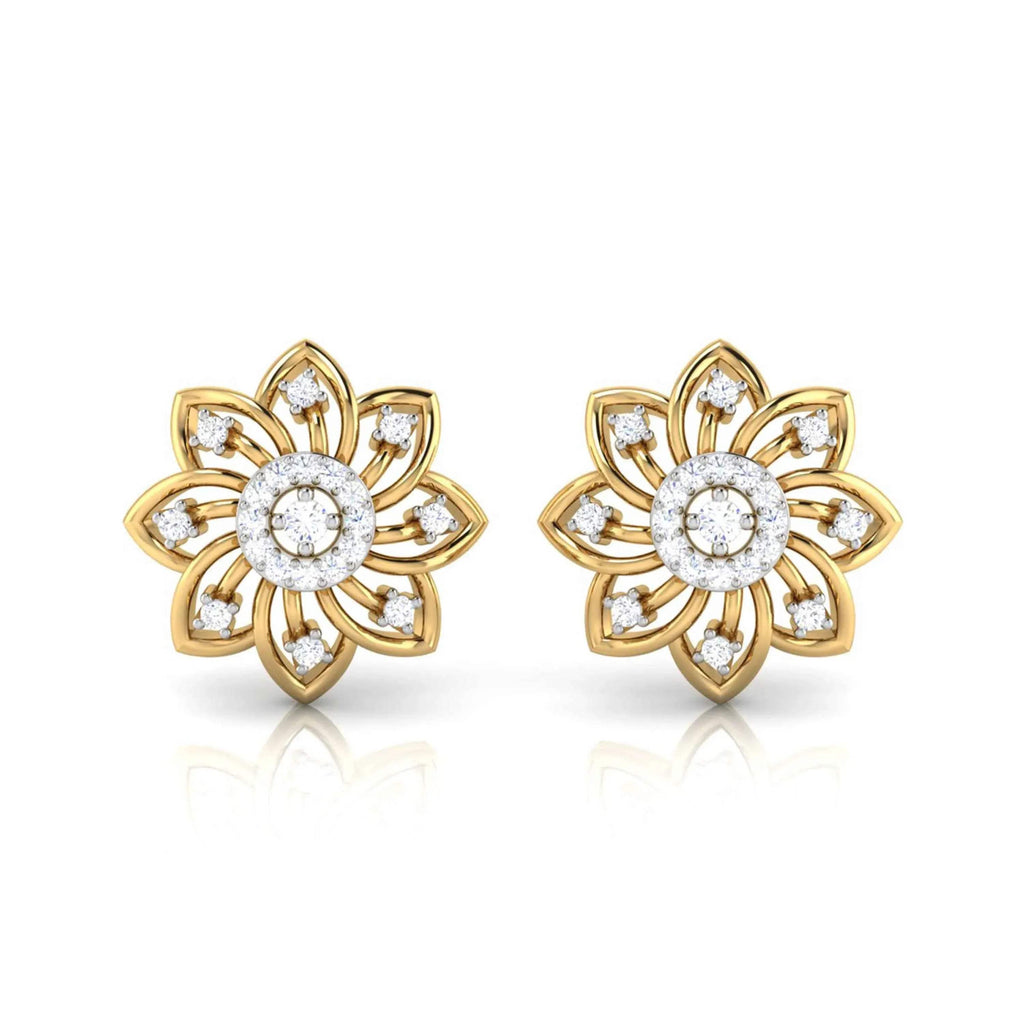 Gold flower-shaped earrings with diamond accents on a white background