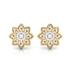 Gold flower-shaped earrings with diamond accents on a white background